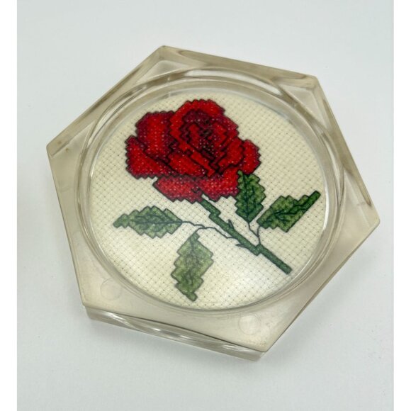 Vintage Acrylic Coasters Red Rose Cross Stitch Set of 2 Handmade Floral Decor - Picture 6 of 8